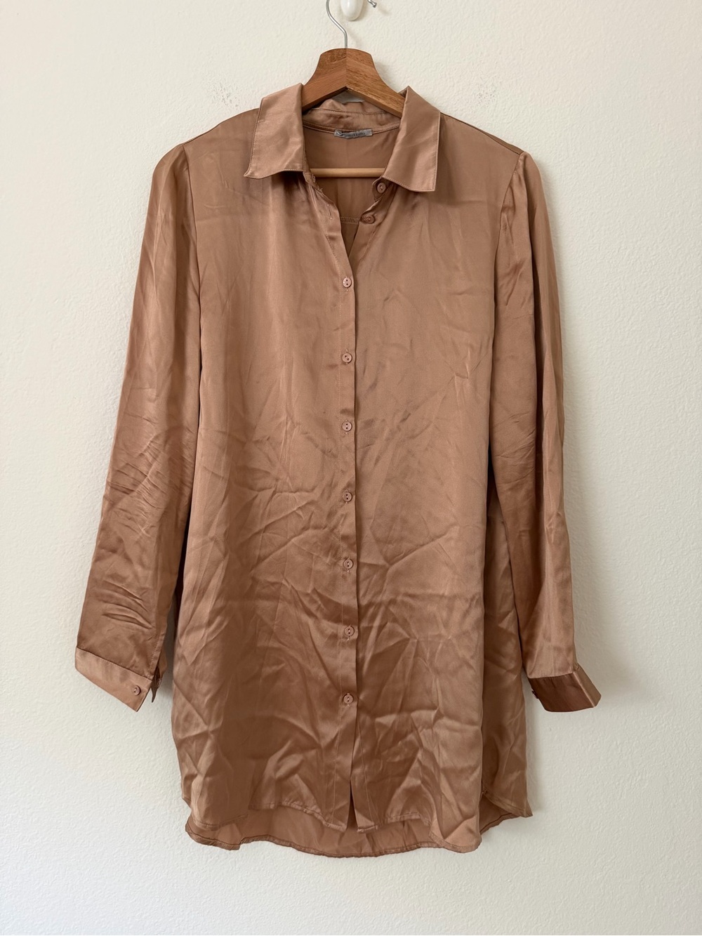 Intimissimi Silk Button Front Collar Long Sleeve Blouse Top Size M Tan Camel